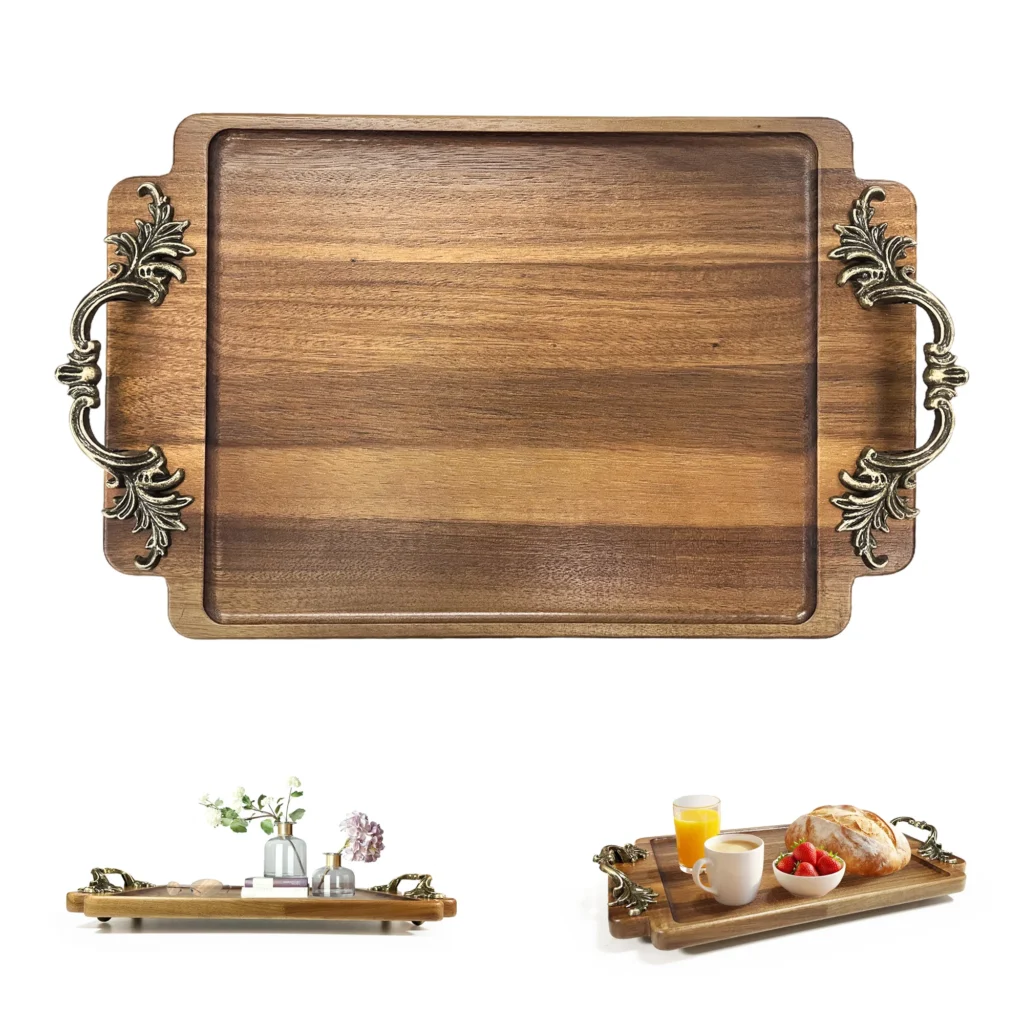 Vintage Acacia Wood Tray with Handles