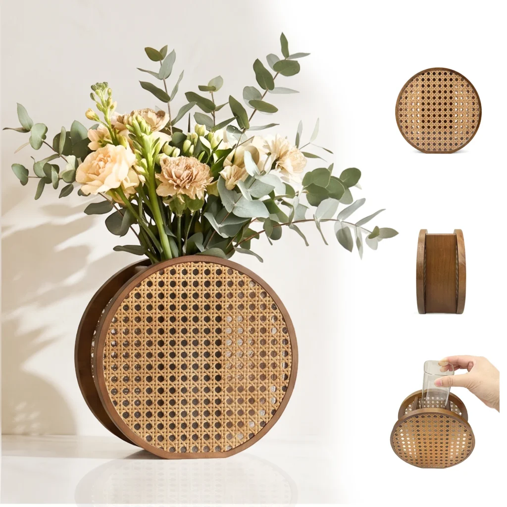 Round Walnut & Rattan Vase