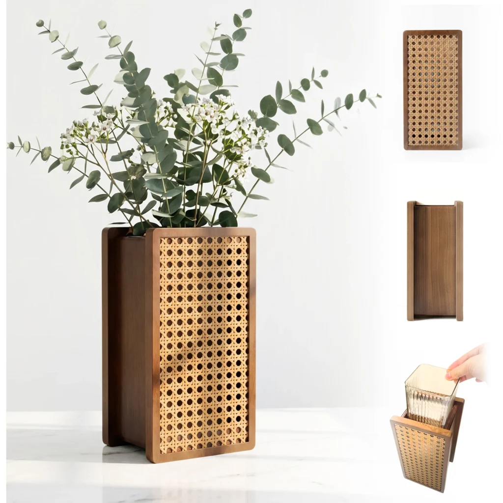 Rectangular Walnut & Rattan Vase