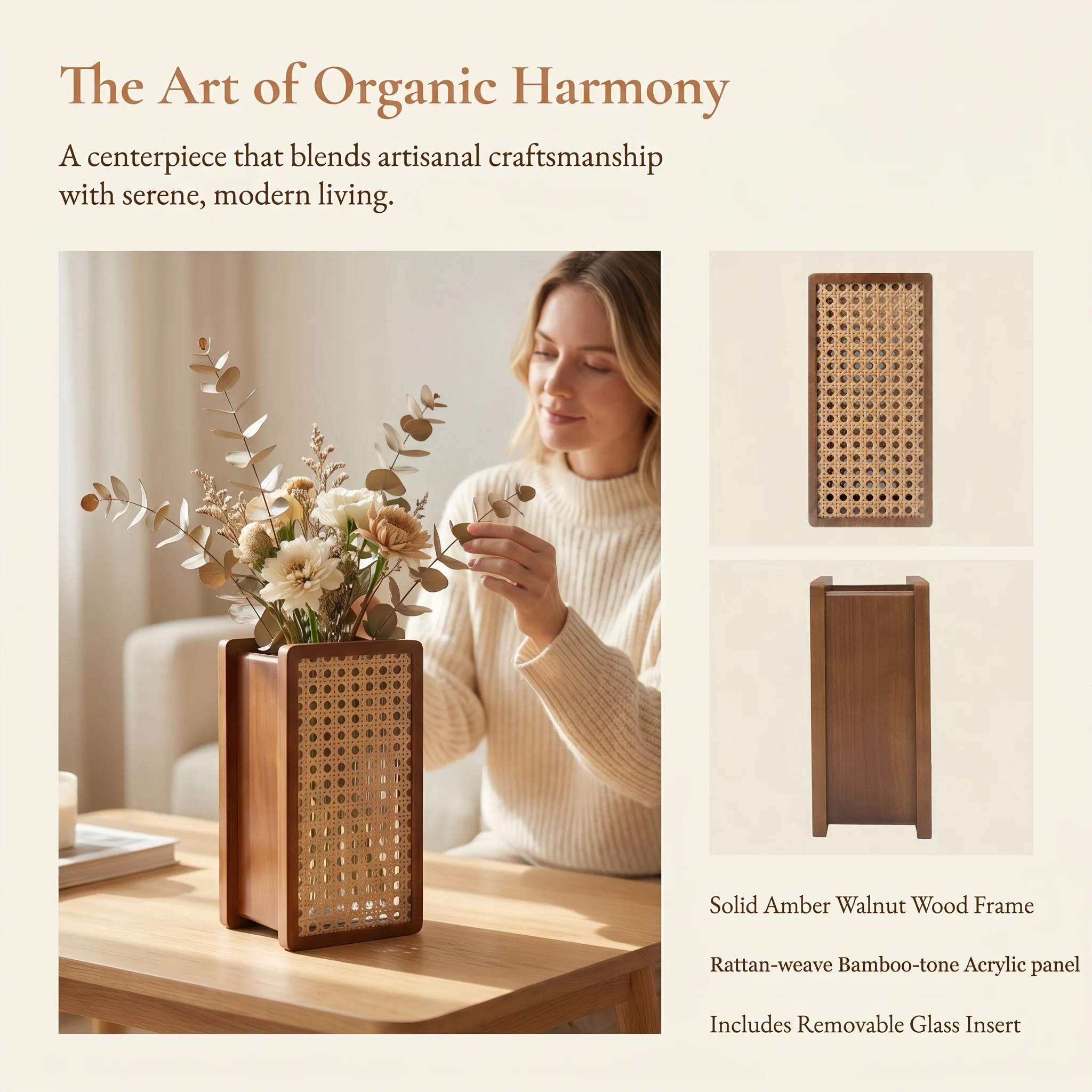 OAKVENA Wood-framed natural rattan vase with acrylic layer