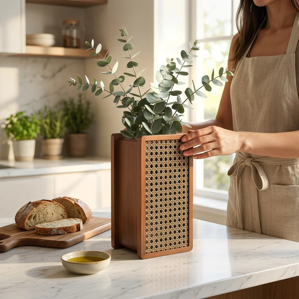 Rectangular walnut and rattan vase with eucalyptus on a kitchen counter