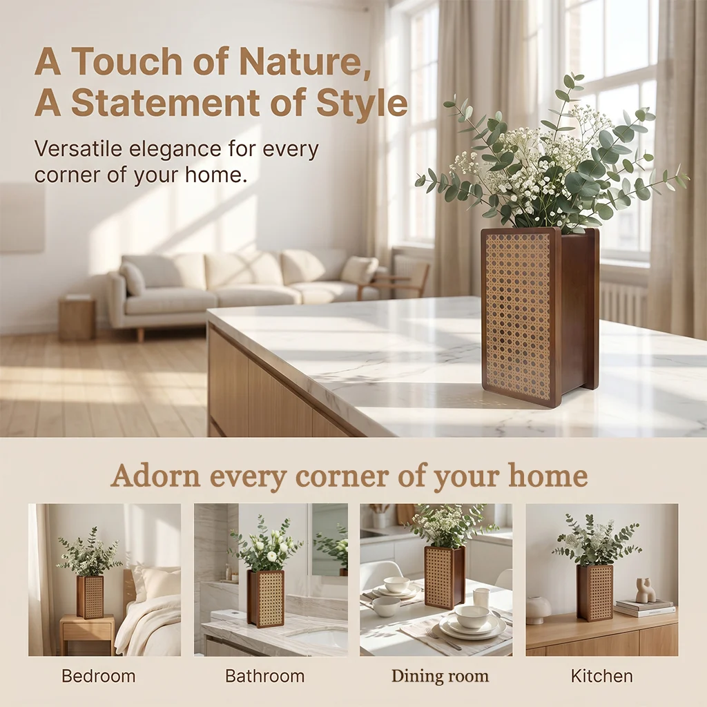 OAKVENA Wood-framed natural rattan vase with acrylic layer