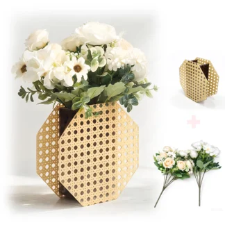 OAKVENA octagonal acrylic and natural rattan vase with cream-white artificial flowers and green foliage
