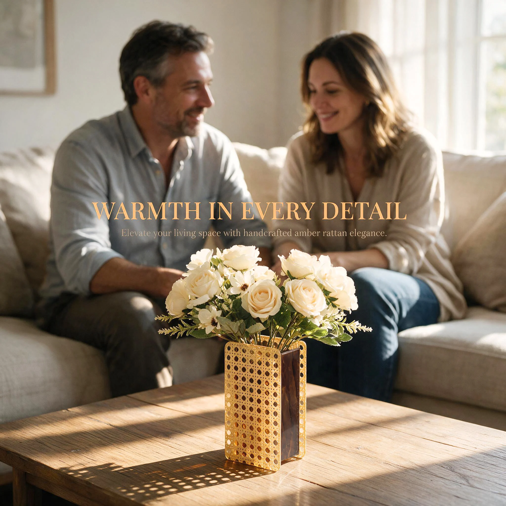 OAKVENA rectangular acrylic and natural rattan vase with cream-white artificial flowers and green foliage