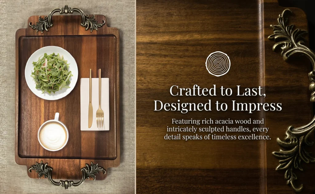 Acacia wood grain and carved metal handle detail on the OAKVENA tray