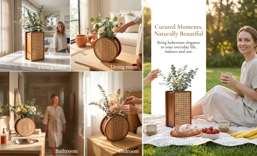 Rectangular walnut and rattan vase styled in a dining room alongside a separately sold round design