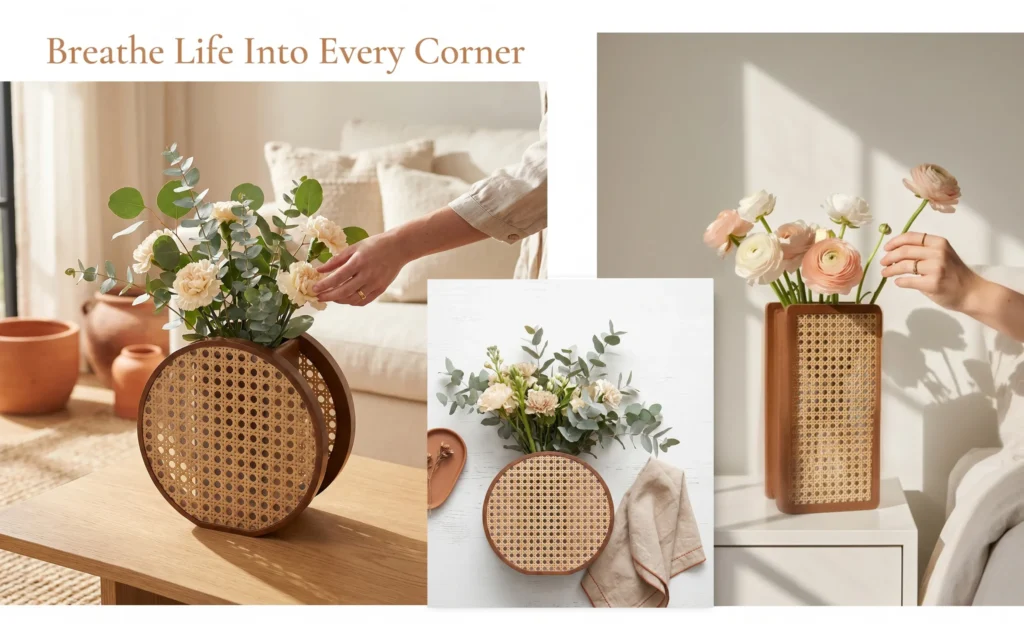 Round walnut and rattan vase with floral arrangements alongside a separately sold rectangular design