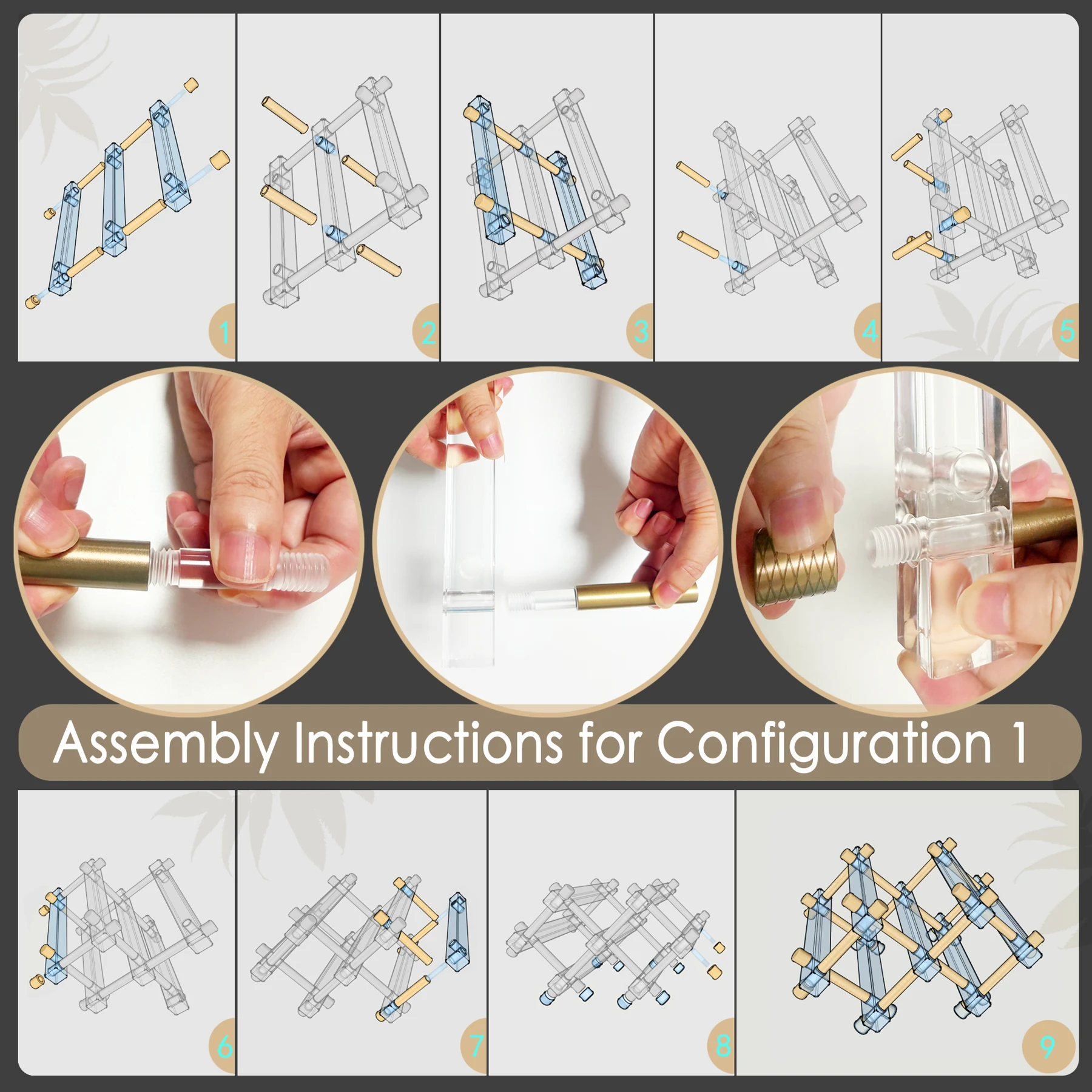 Step-by-step assembly diagrams for diamond configuration of the modular acrylic wine rack