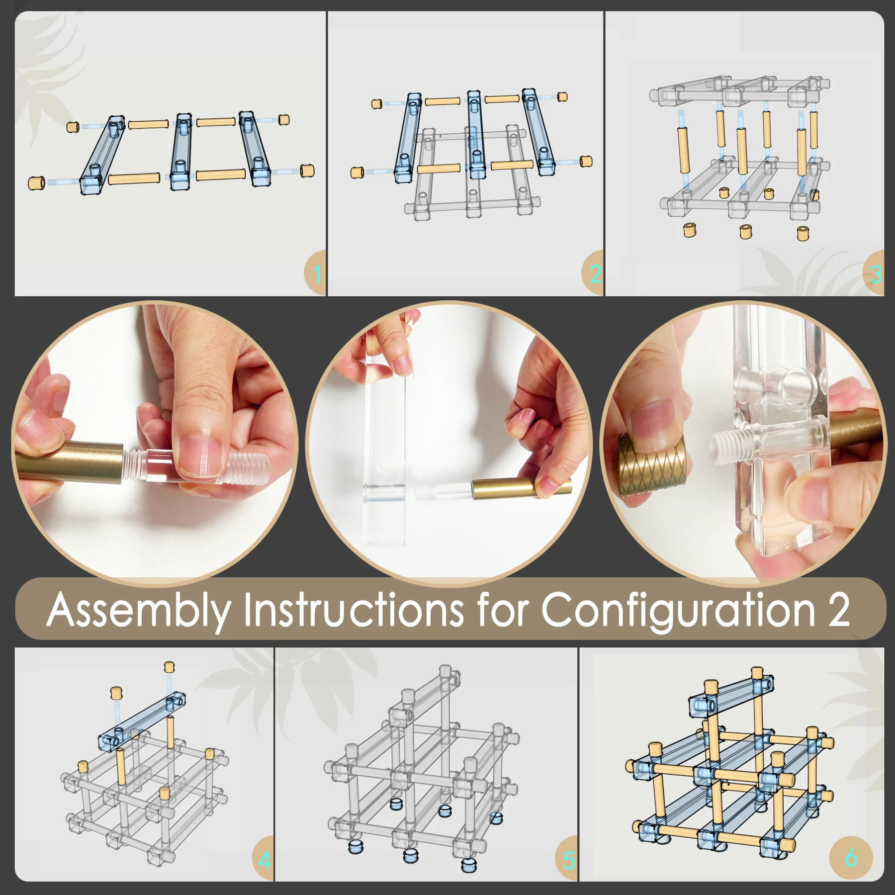 Step-by-step assembly diagrams for upright configuration of the modular acrylic wine rack