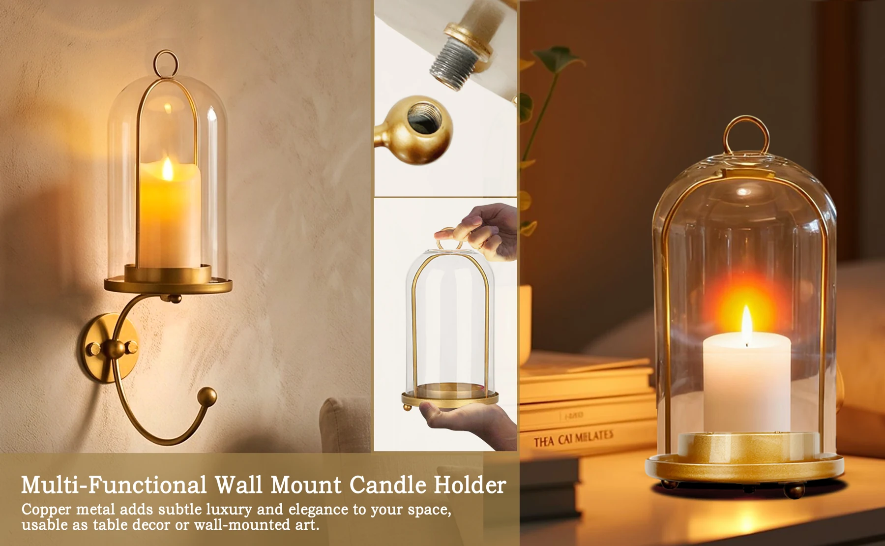 Gold lantern candle holder with glass cover, decorative wall hook and detachable connector detail