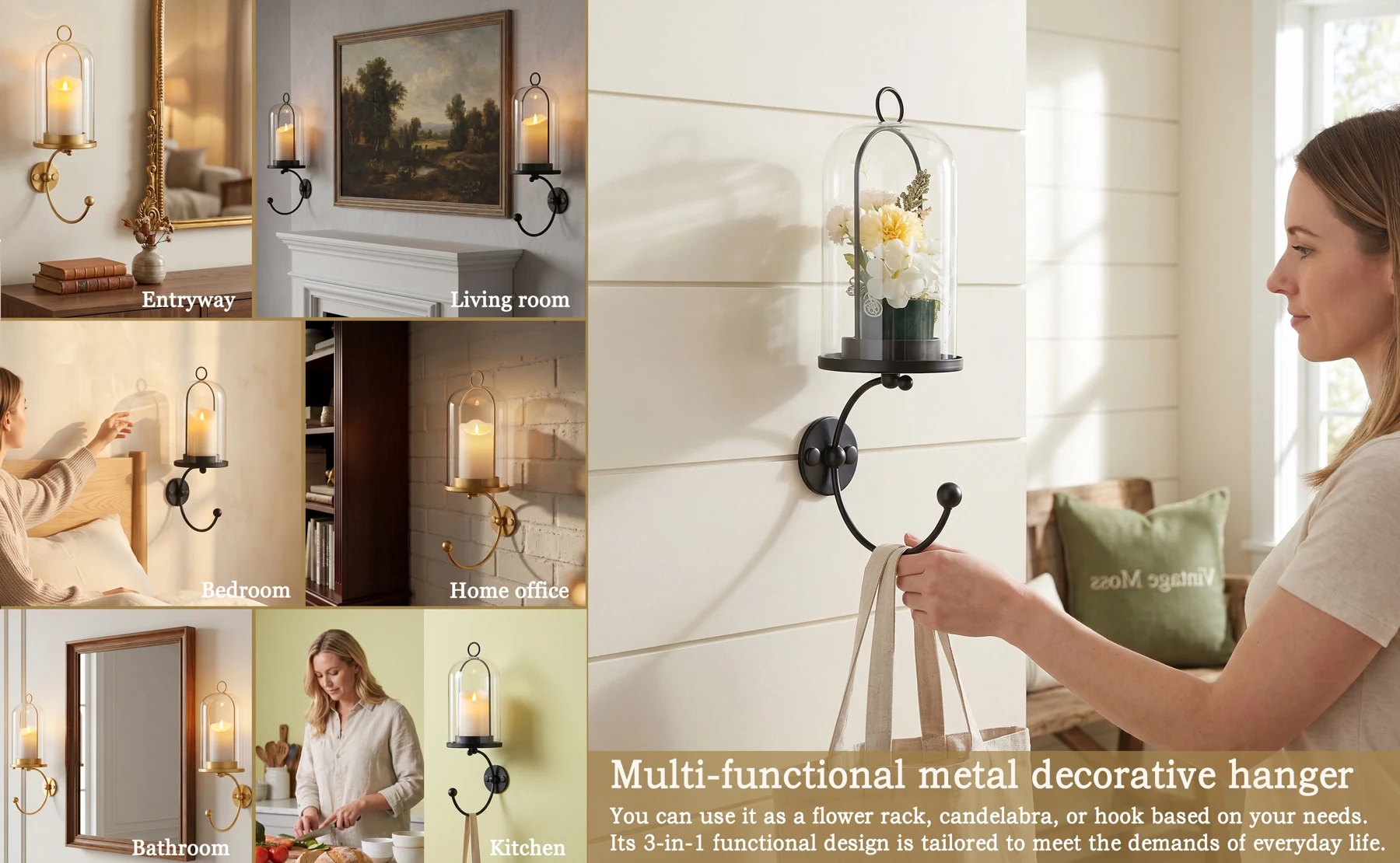 Gold and black wall lantern candle holders used in a living room, bedroom, kitchen and entryway