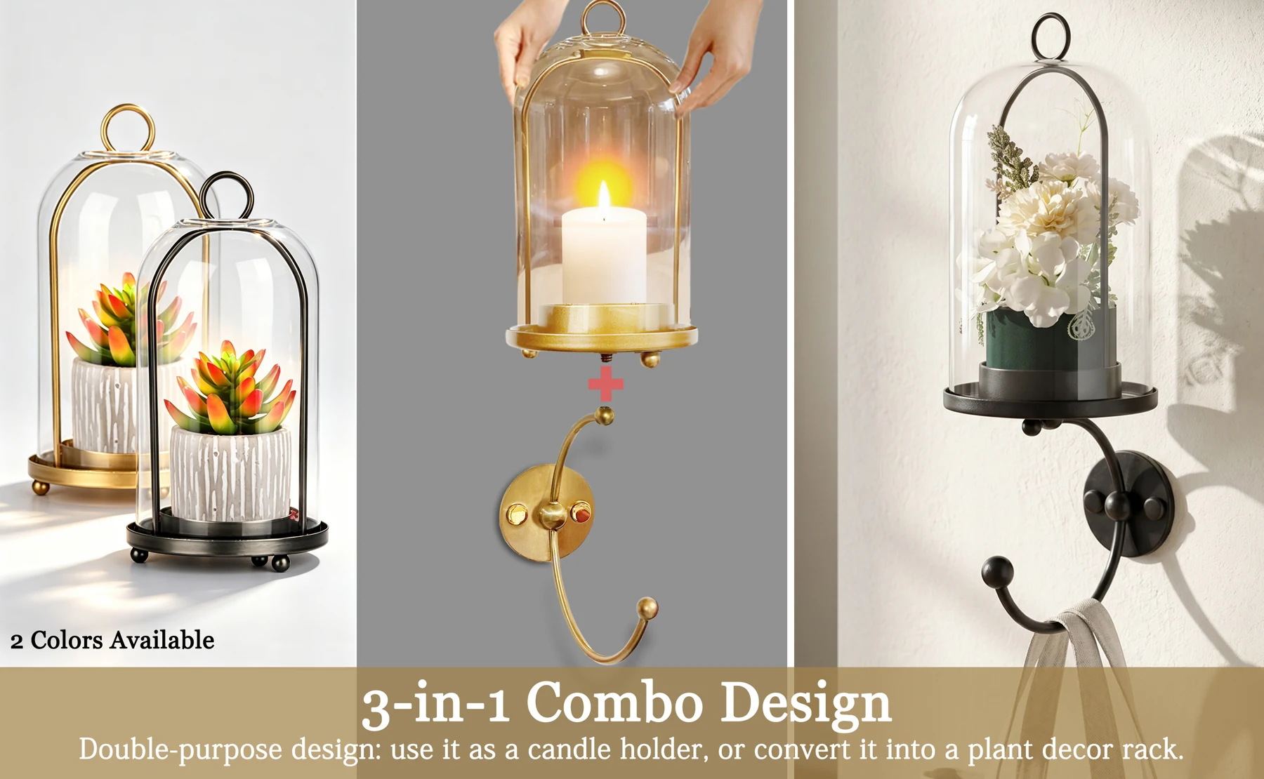 Gold and black lantern holders displayed on tabletops, mounted on a wall with candles, and styled with flowers