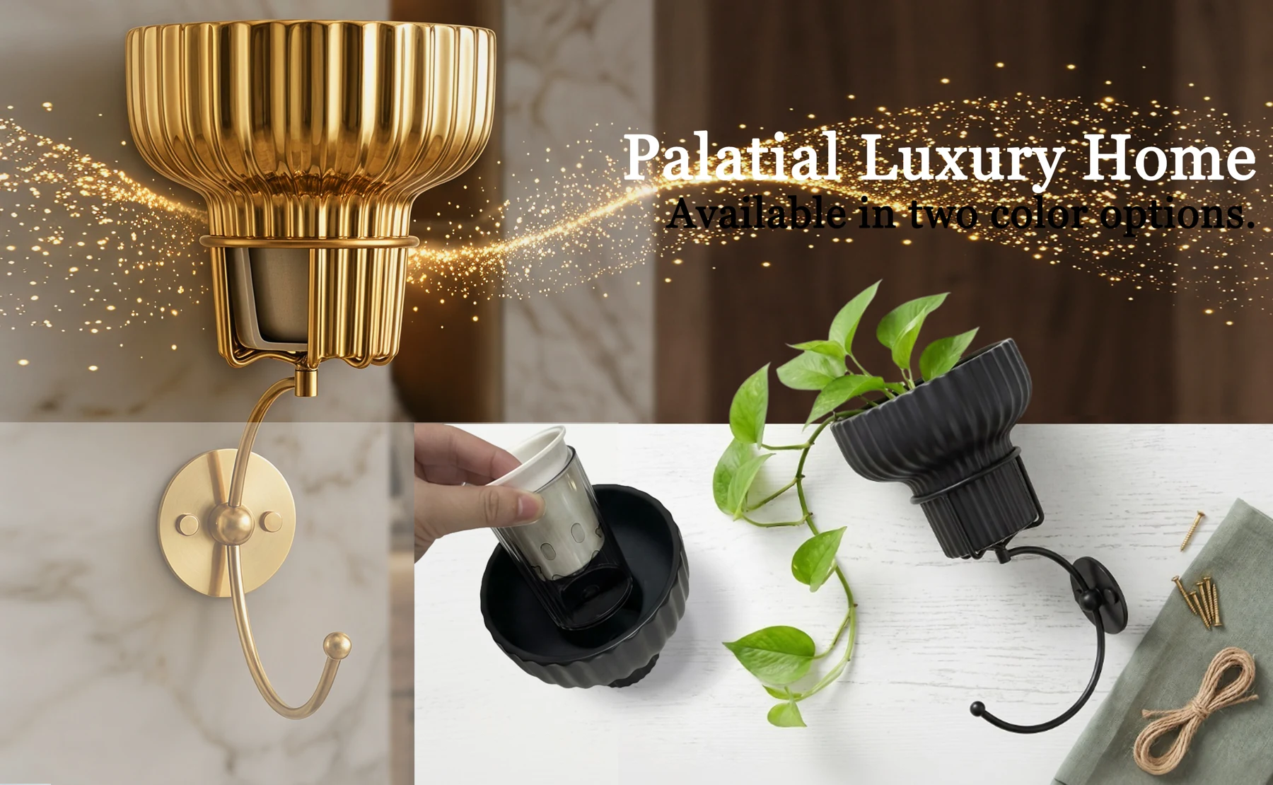 Fluted wall vase in gold and black finishes with a removable inner insert and integrated metal hook