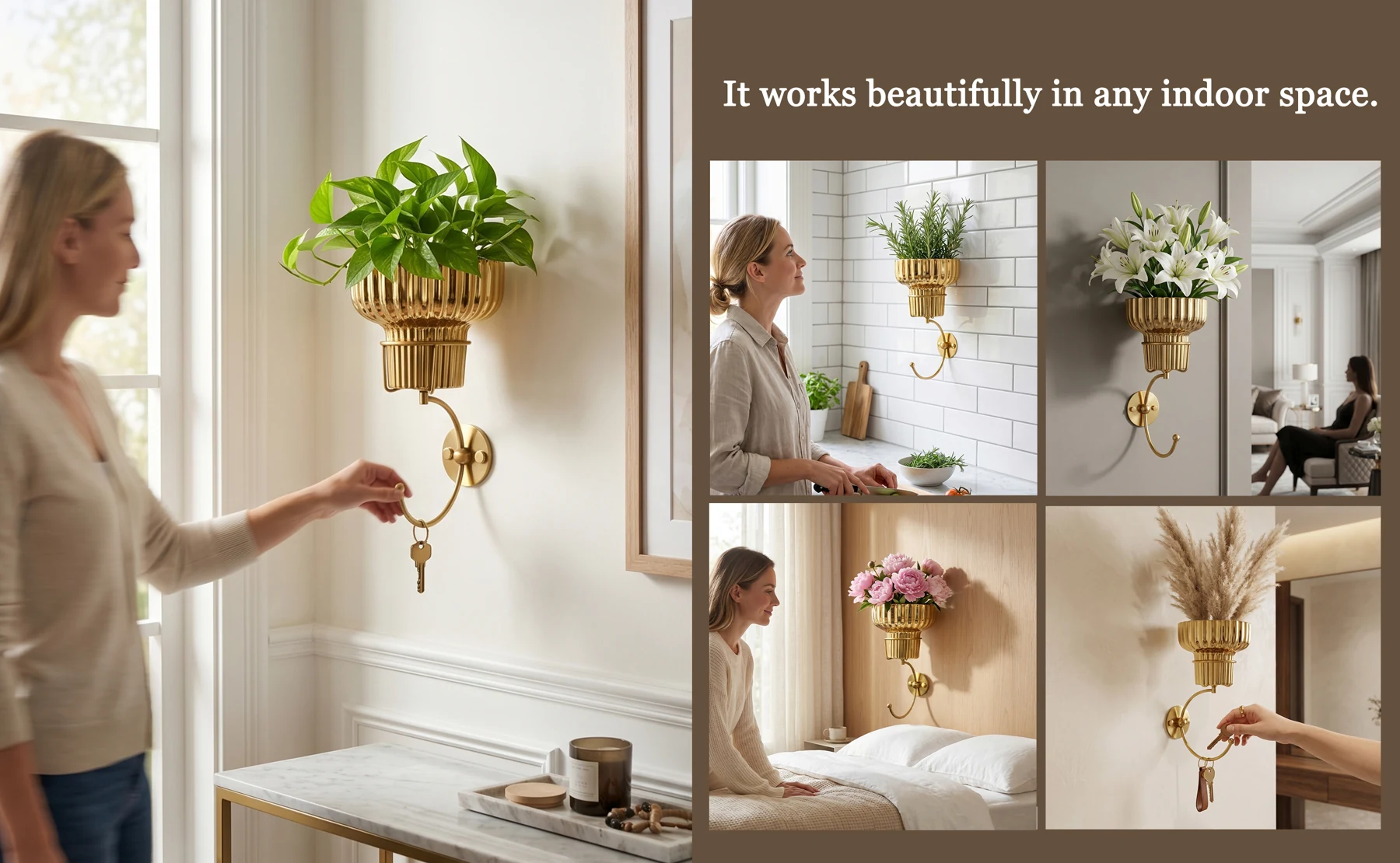 Gold wall vase styled in an entryway, kitchen, living area and bedroom