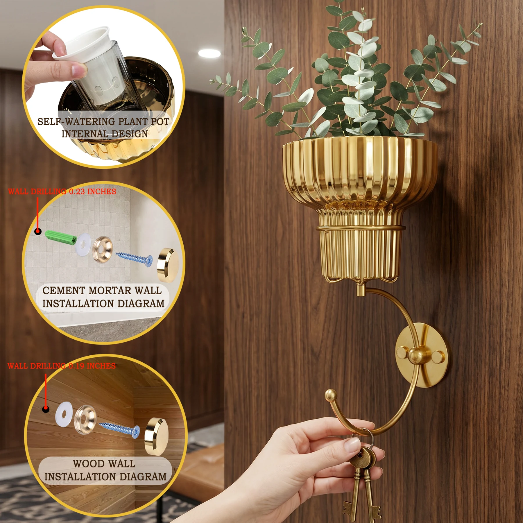 Wall vase installation illustration comparing masonry wall anchors and wood wall screws