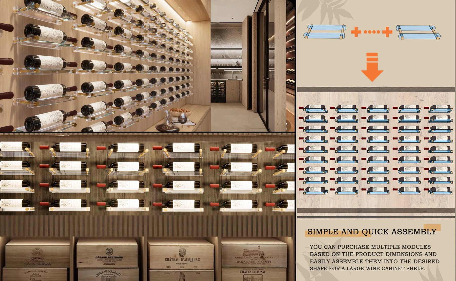 Several wall-mounted acrylic wine racks arranged in rows and columns as a home bar bottle display