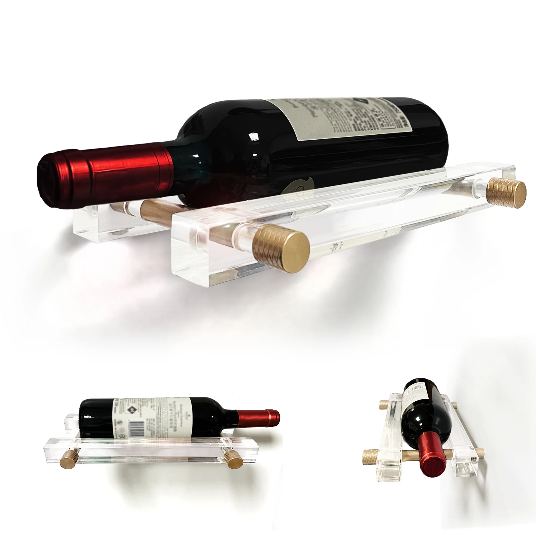 wall main — clear acrylic wine rack with gold-tone metal connectors