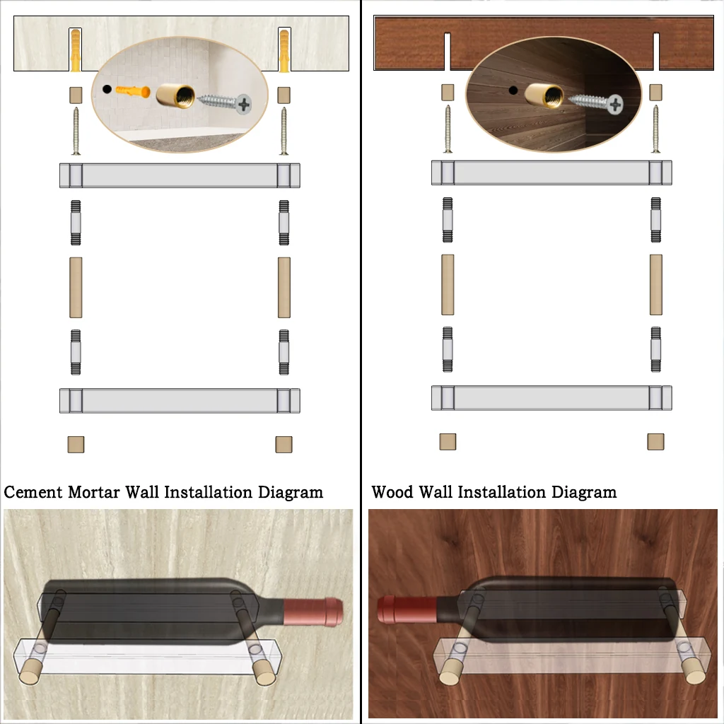 Exploded installation diagrams comparing masonry wall and wood wall fixings for the acrylic wine rack